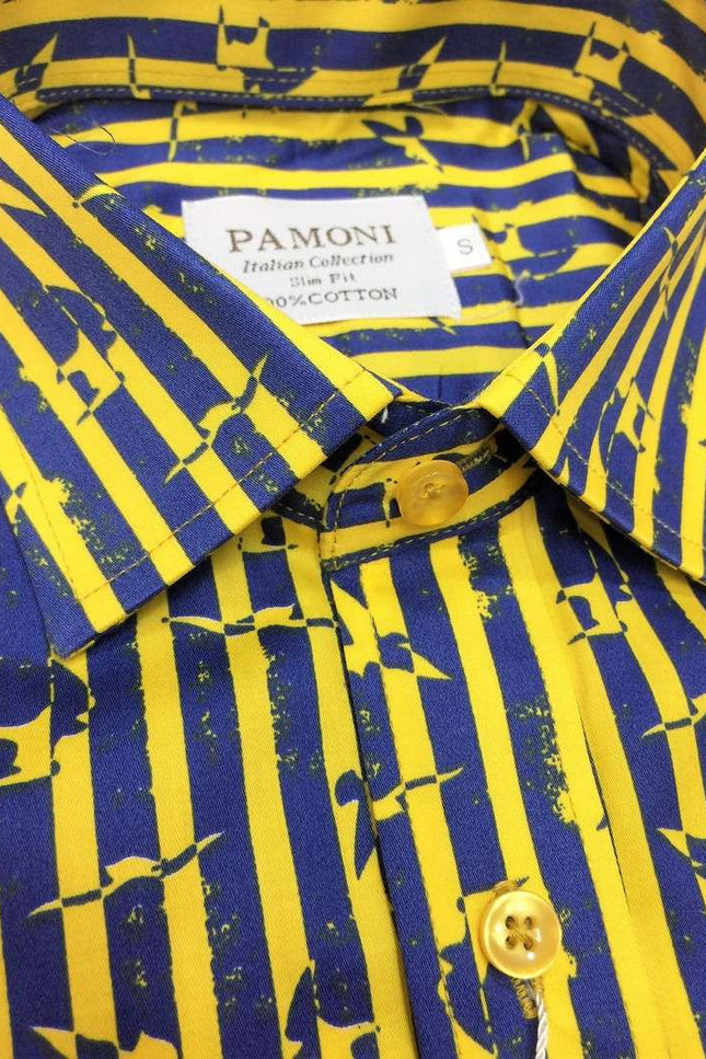 Yellow Stripe Print Design Short Sleeves Shirt Men's Shirt