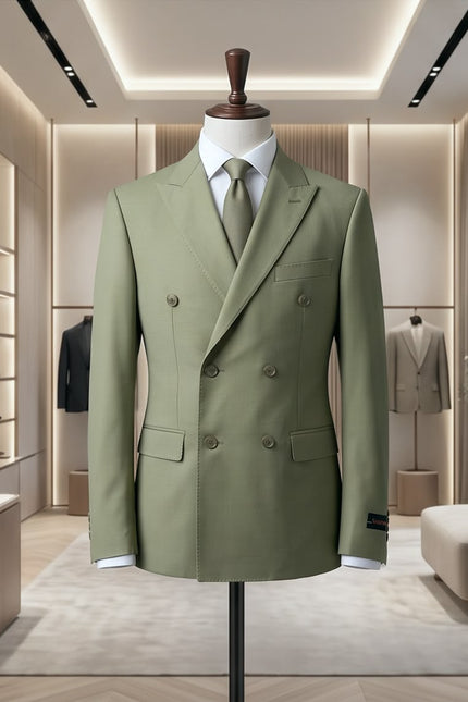 Sage Elegance: Double-Breasted Wool Blend Suit