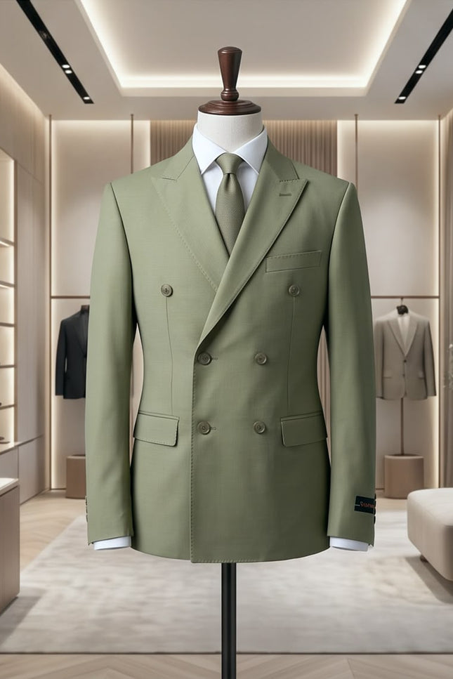 Sage Elegance: Double-Breasted Wool Blend Suit