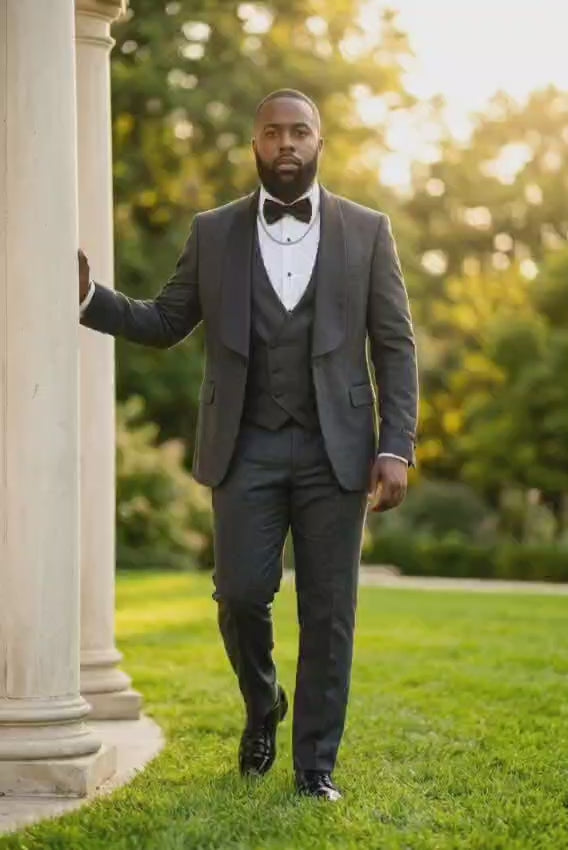 Men’s Slim Fit Wool-Blend Tuxedo with Satin Shawl Lapels – Charcoal