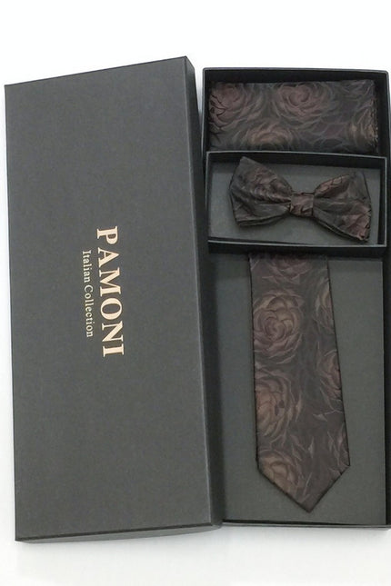 Brown Floral Tie & Bow Tie Set in Pamoni presentation box