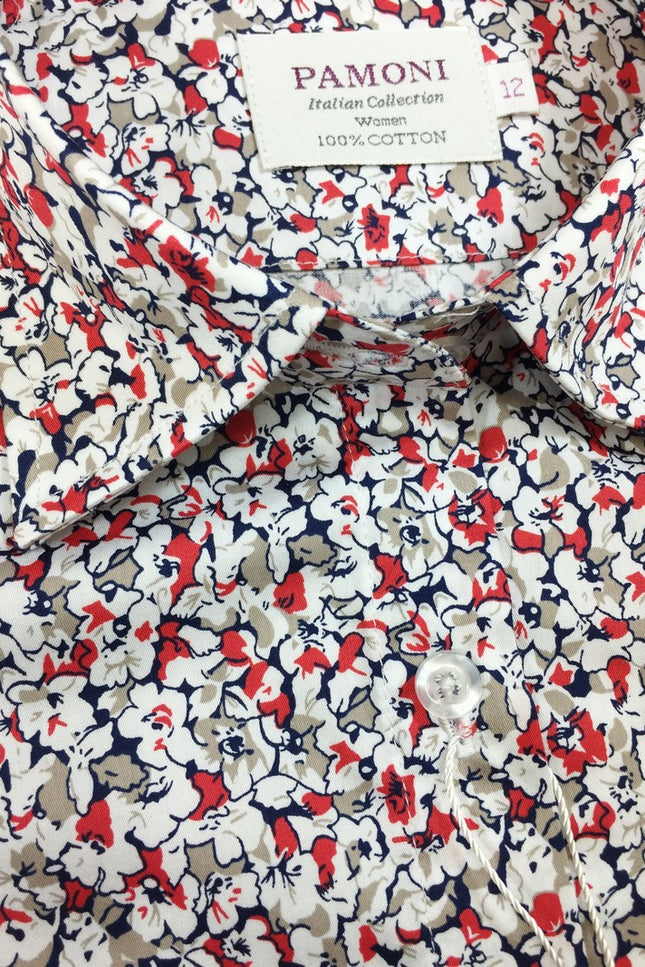 Red & White Floral Print Fitted Shirt