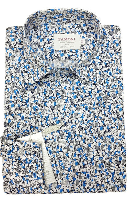 Chemise cintrée à imprimé floral bleu et blanc