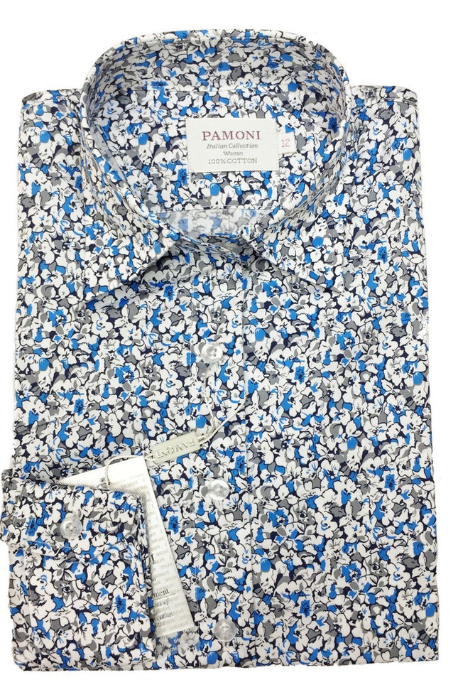 Chemise cintrée à imprimé floral bleu et blanc
