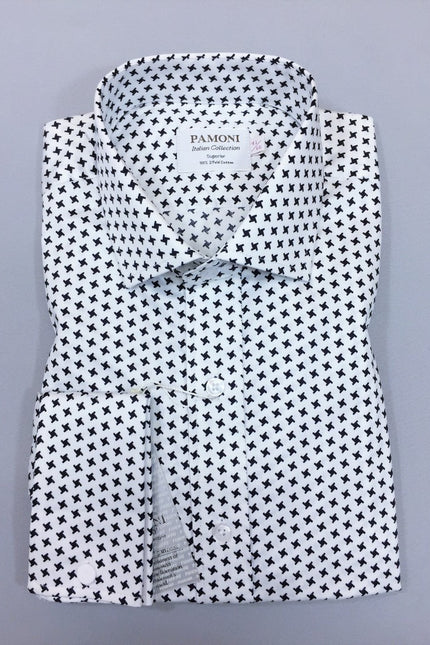 White Black Dogtooth Slim Fit Shirt - Pamoni