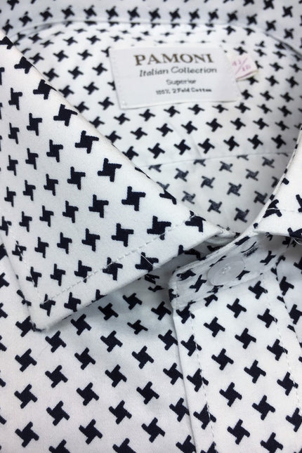 White Black Dogtooth Slim Fit Shirt - Pamoni