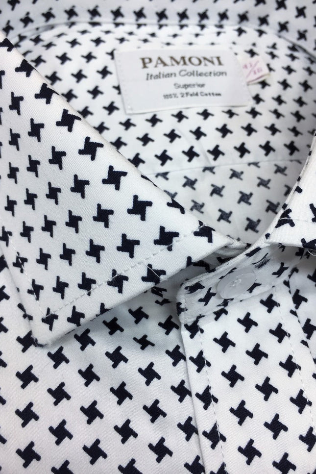 White Black Dogtooth Slim Fit Shirt - Pamoni