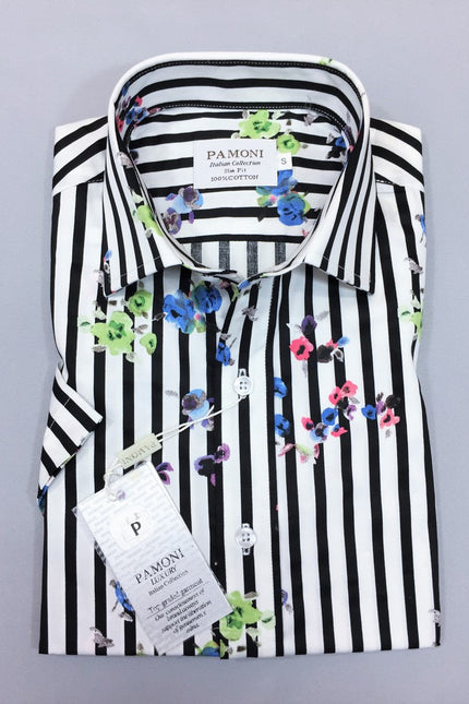 Black Stripe Floral Print Short Sleeves Shirt