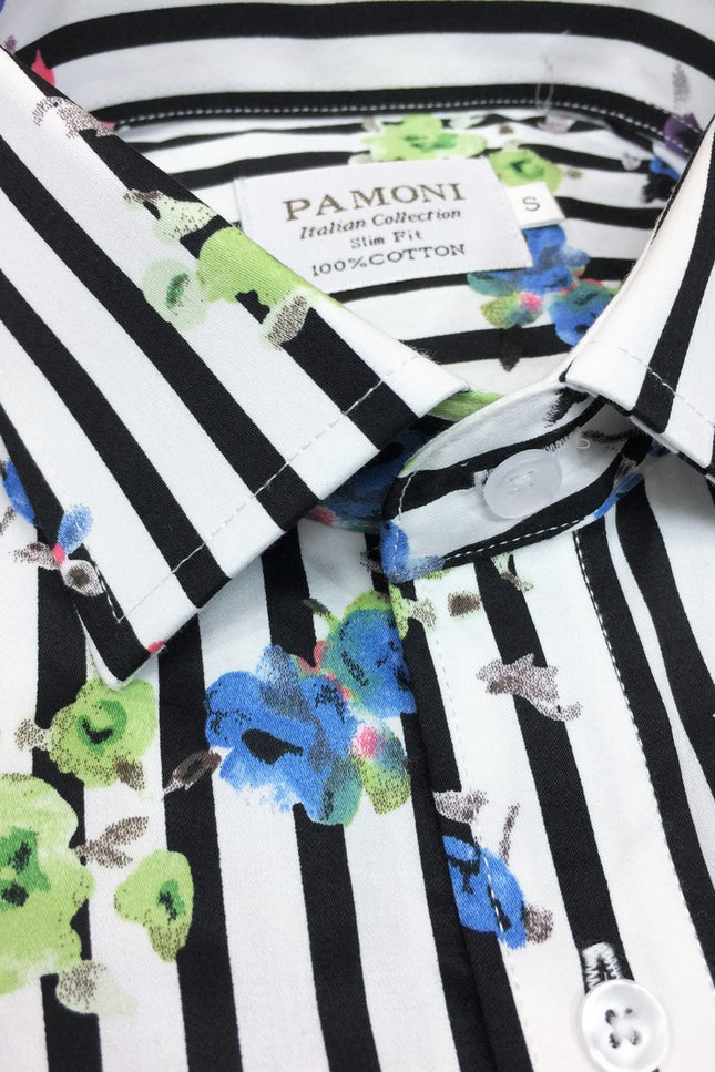Close up of black Stripe Floral Print Short Sleeves Shirt