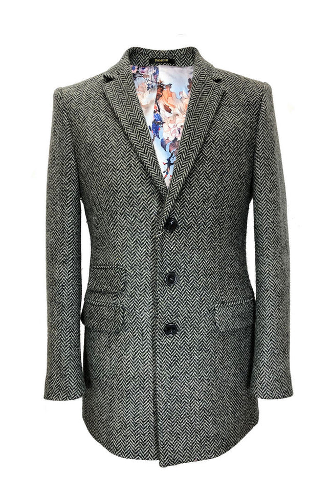 Grey herringbone slim fit coat - Pamoni