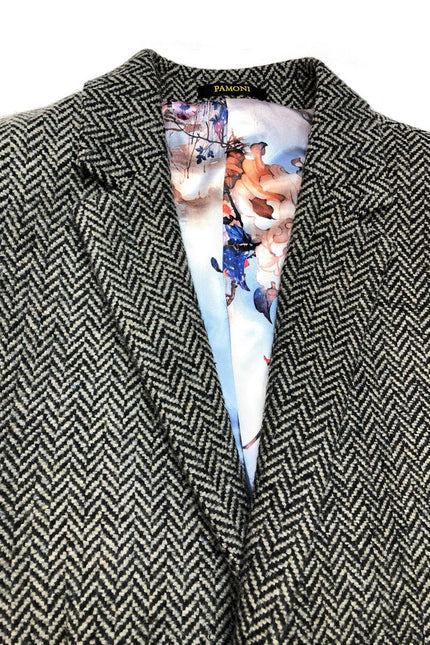 Close up of grey herringbone slim fit coat - Pamoni