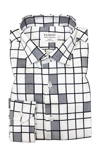 White Grey Pattern Check Slim Fit Shirt - Pamoni