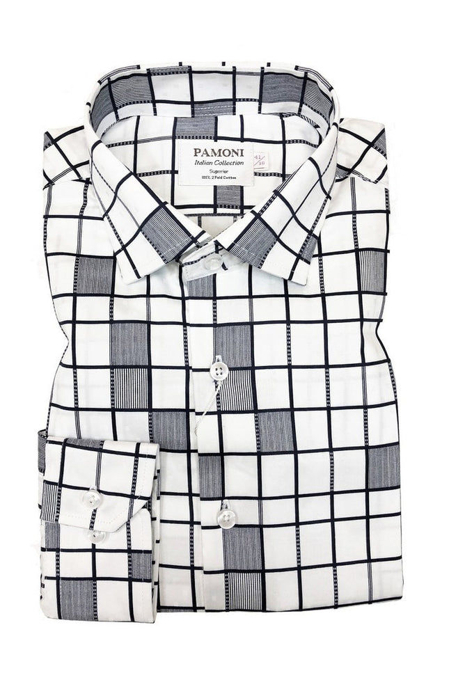 White Grey Pattern Check Slim Fit Shirt - Pamoni