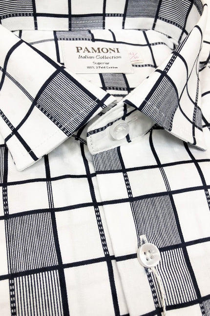 White Grey Pattern Check Slim Fit Shirt - Pamoni