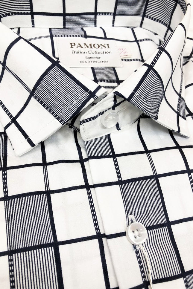 White Grey Pattern Check Slim Fit Shirt - Pamoni