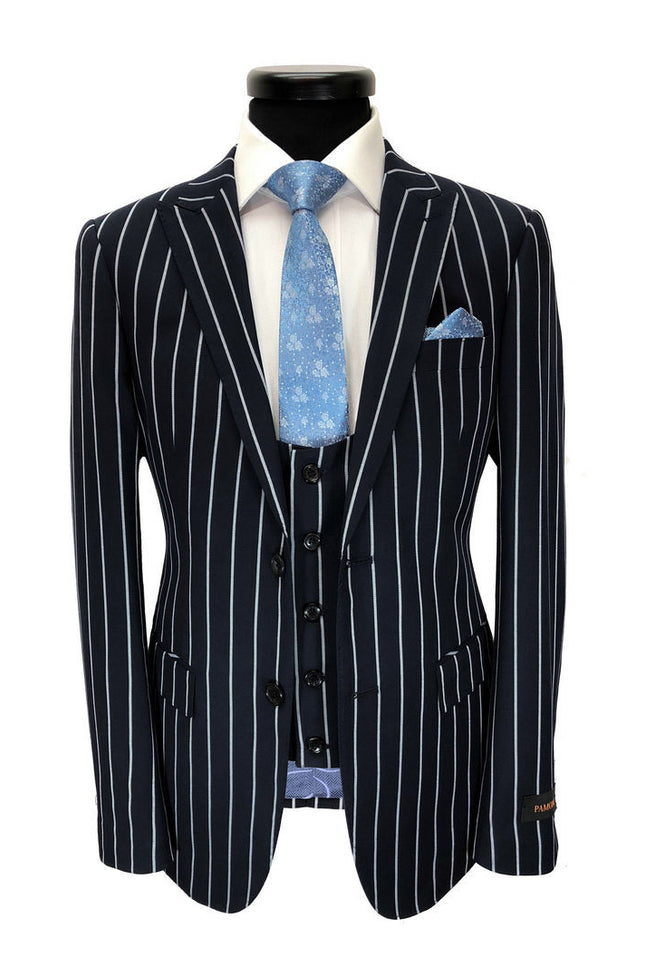 Navy Bold Stripe 2-button 3-piece Suit