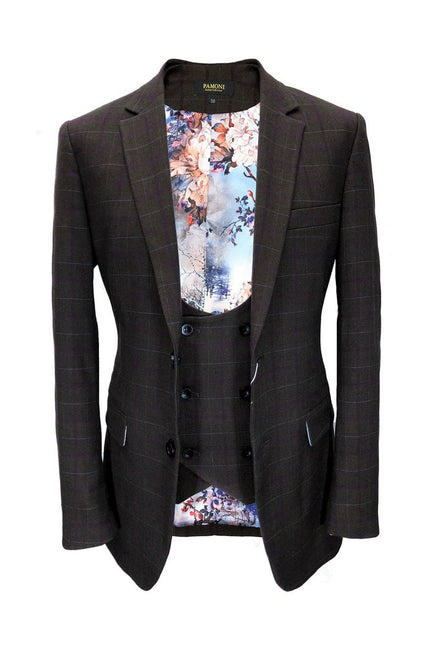 Brown Burgundy Check Tweed Blazer With Matching Waistcoat - Pamoni