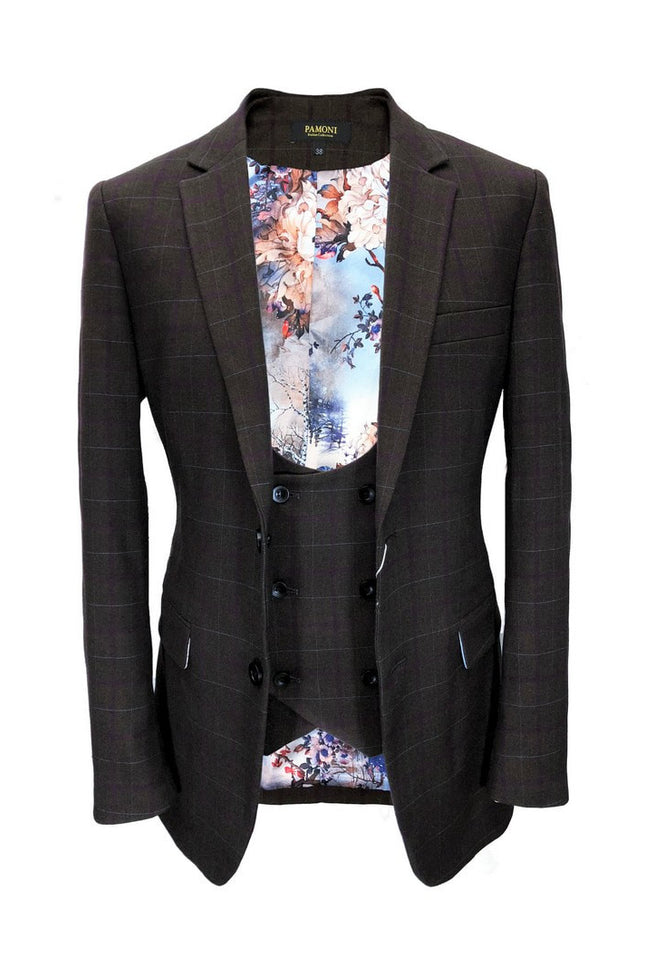 Brown Burgundy Check Tweed Blazer With Matching Waistcoat - Pamoni