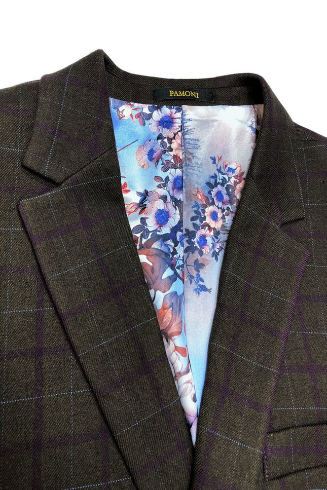Brown Burgundy Check Tweed Blazer With Matching Waistcoat - Pamoni