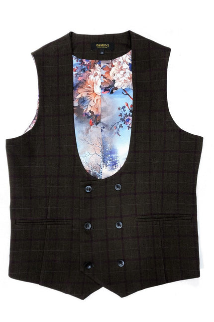 Brown Burgundy Check Tweed Blazer With Matching Waistcoat - Pamoni