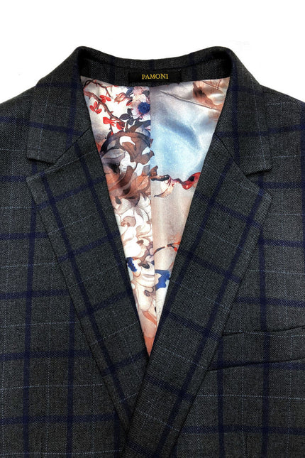 Close up of grey with blue check tweed blazer - Pamoni