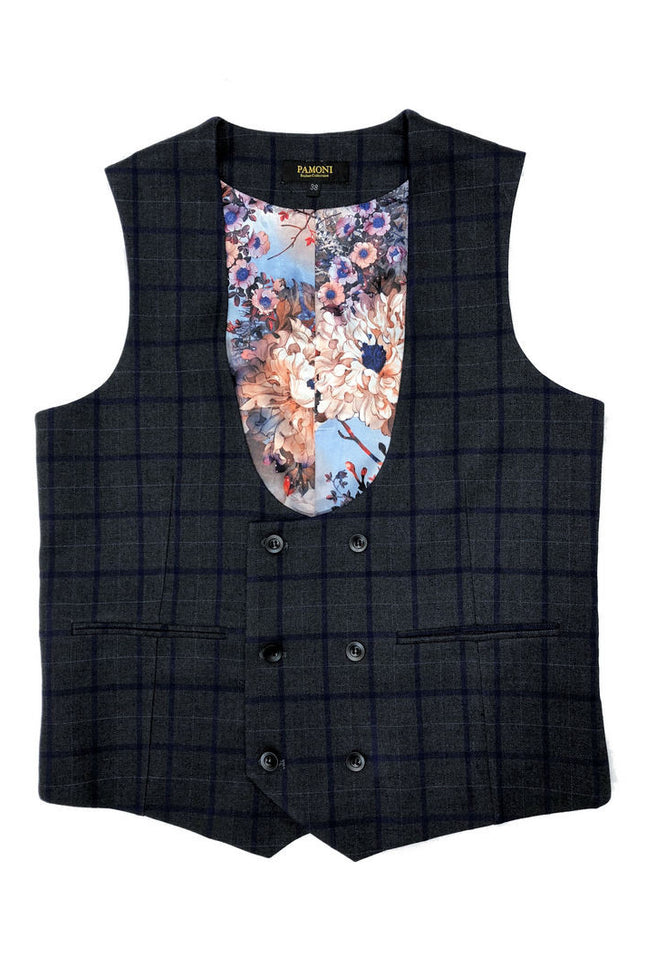 Grey with blue check  waistcoat - Pamoni