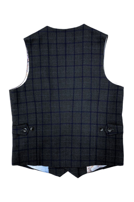 Backside of grey with blue check tweed waistcoat - Pamoni