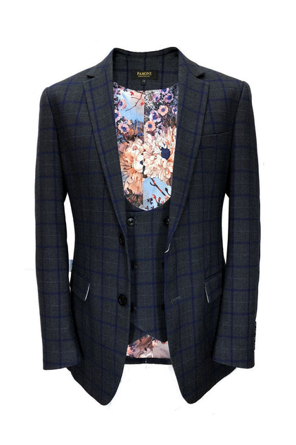 Grey with blue check tweed blazer with matching waistcoat - Pamoni