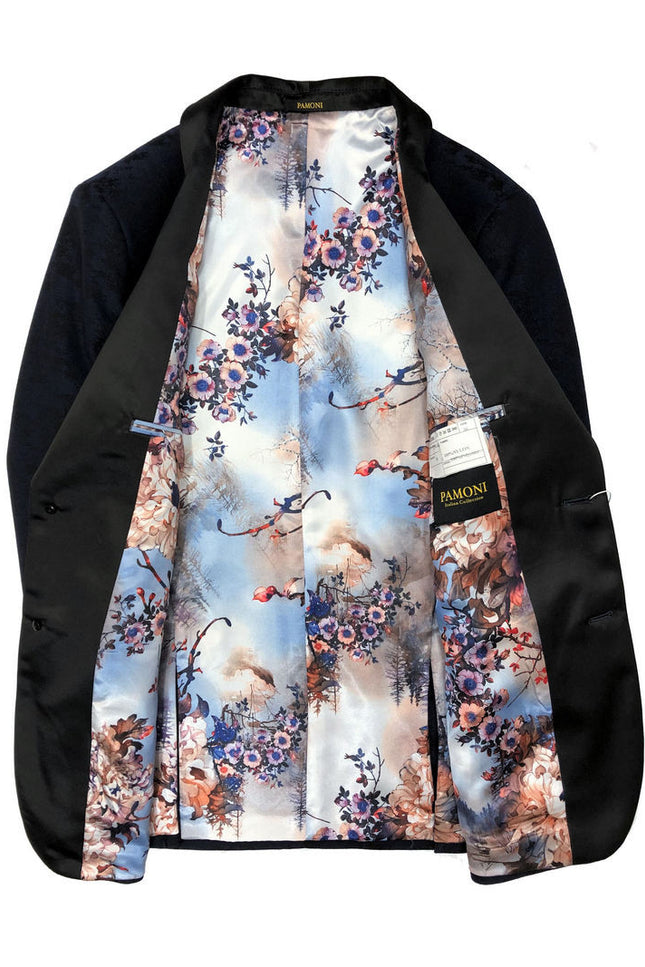 Navy Jacquard Brocade Dinner Jacket with Spring floral lining