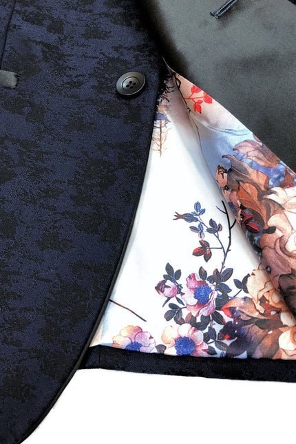 Close up of Navy Jacquard Brocade Dinner Jacket