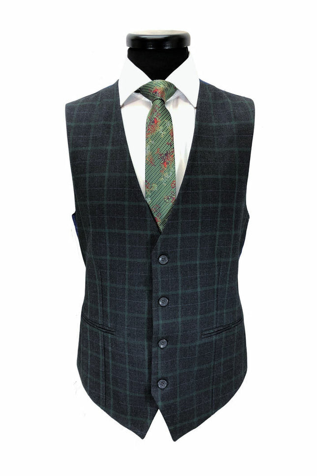 Costume trois pièces à carreaux gris et verts, deux boutons