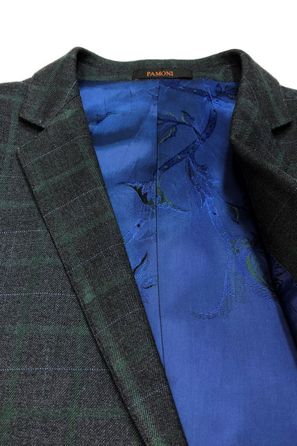 Costume trois pièces à carreaux gris et verts, deux boutons