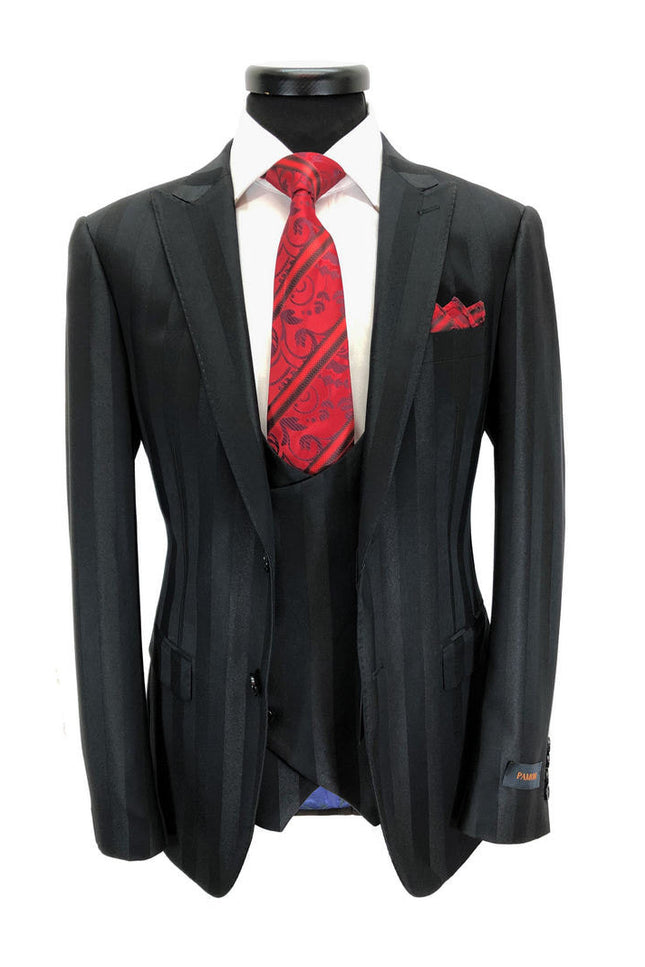 Costume trois pièces noir à rayures audacieuses et deux boutons