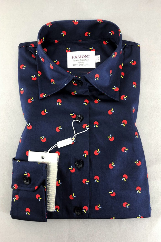 Chemise cintrée bleu marine à imprimé pommes
