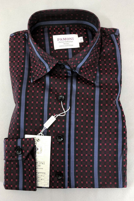Chemise cintrée à carreaux bordeaux et rayures violettes