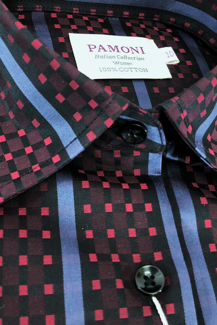 Chemise cintrée à carreaux bordeaux et rayures violettes