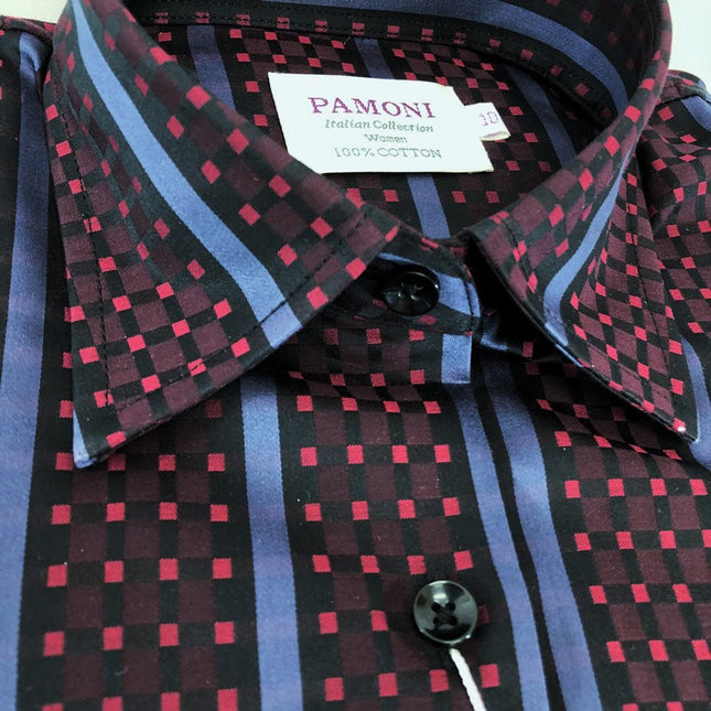 Chemise cintrée à carreaux bordeaux et rayures violettes