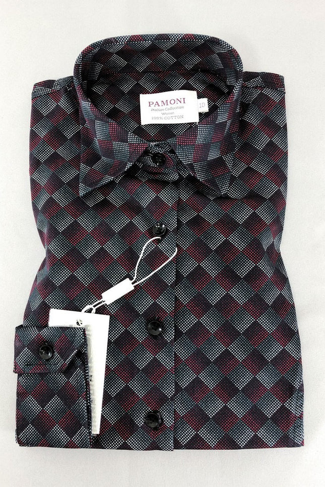 Maroon Halftone Diamond Check Shirt - pamoni