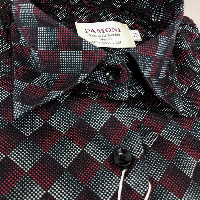 Maroon Halftone Diamond Check Shirt close up - pamoni