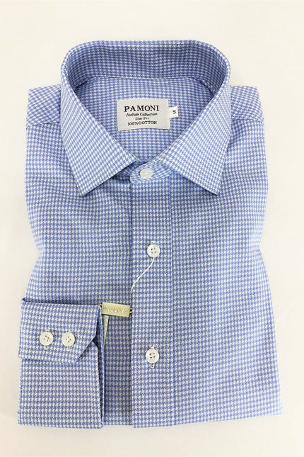 Blue dog-themed slim fit shirt by PAMONI featuring a stylish collar and dog print design on smooth fabric.