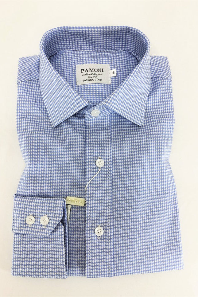 Blue dog-themed slim fit shirt by PAMONI featuring a stylish collar and dog print design on smooth fabric.