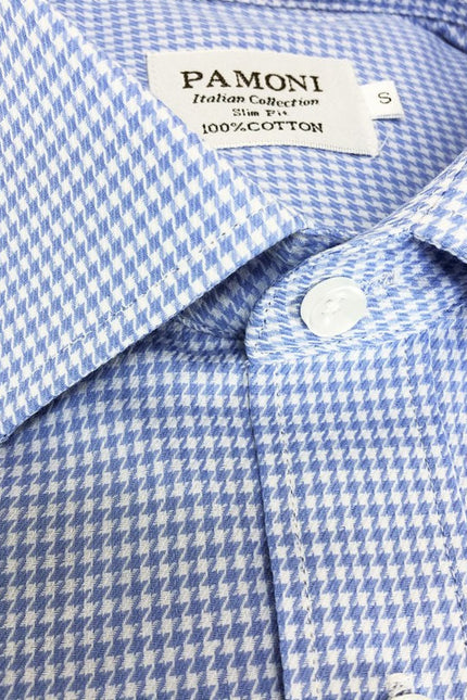 Blue dog print slim fit shirt by PAMONI featuring a classic collar and button front, displayed flat on a white background.