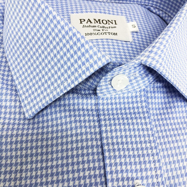 Blue dog print slim fit shirt by PAMONI featuring a classic collar and button front, displayed flat on a white background.