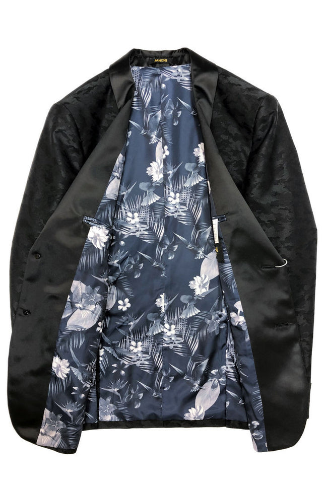 Black Jacquard Brocade Dinner Jacket with blue floral lining