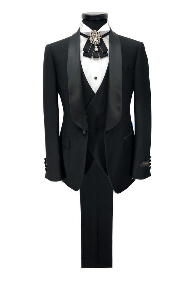 Black 3-piece tuxedo with satin shawl lapel - Pamoni