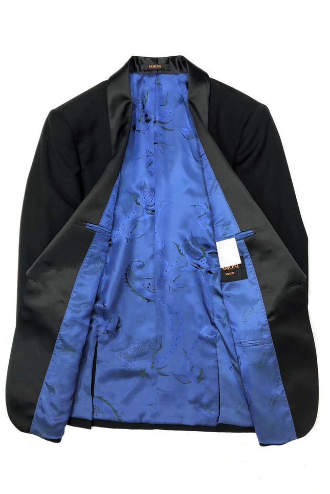 Black tuxedo blazer with blue silky floral lining - Pamoni