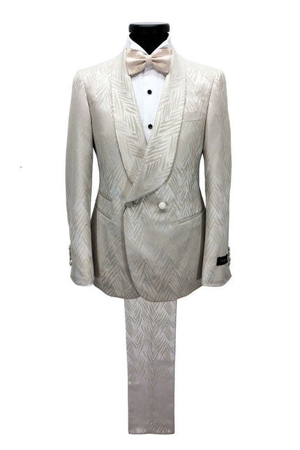 Chevron champagne shawl lapel double breasted suit - Pamoni