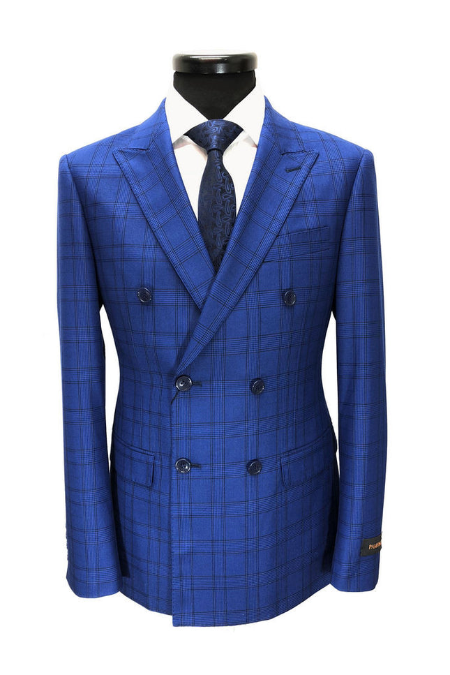 Royal blue prince of wales check double breasted suit - Pamoni