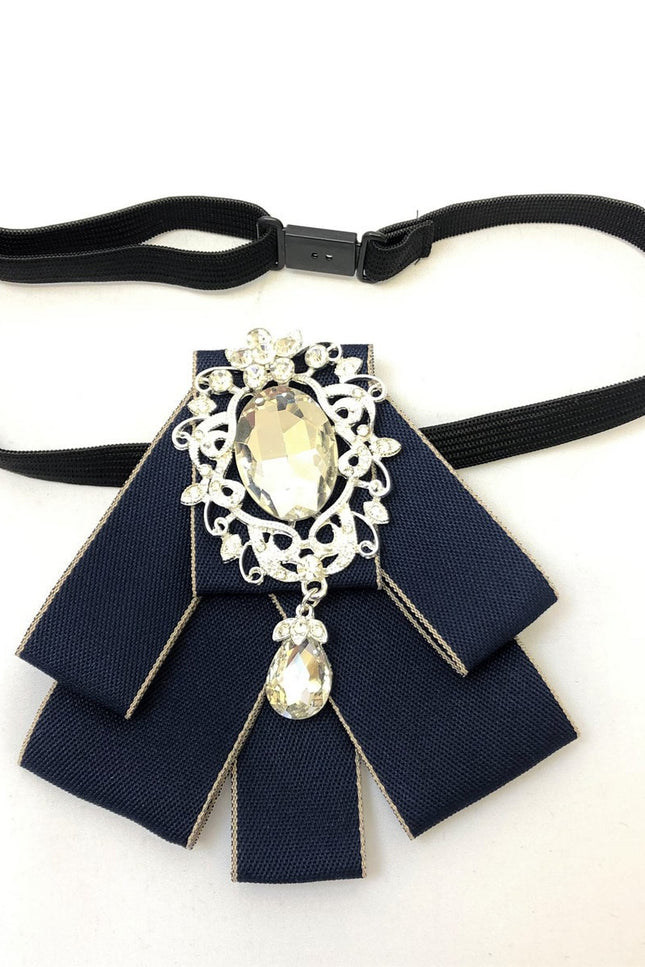 Navy rhinestone embellished ribbon bow tie with adjustable strap