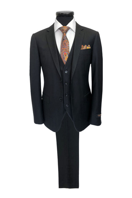 Black herringbone 2 button 3-piece suit - Pamoni